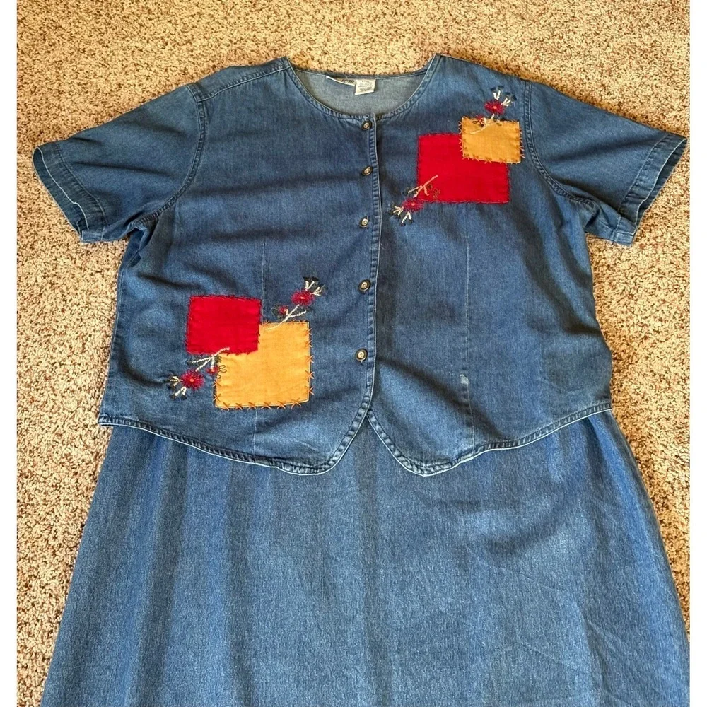 Sun River Women Jumper Dress Jacket Set PL PXL Blue Denim‎ Patchwork Floral Maxi